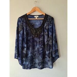 Dress Barn Blue Paisley Flare Sleeve Top Sequin Bead Embellishments Velvet Mediu